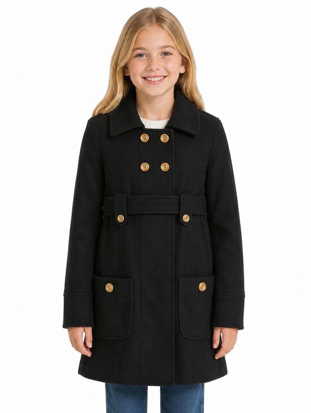 2/$50 GAP Girls Black Wool Peacoat Coat Gold Button Belted Jacket Size 10-11